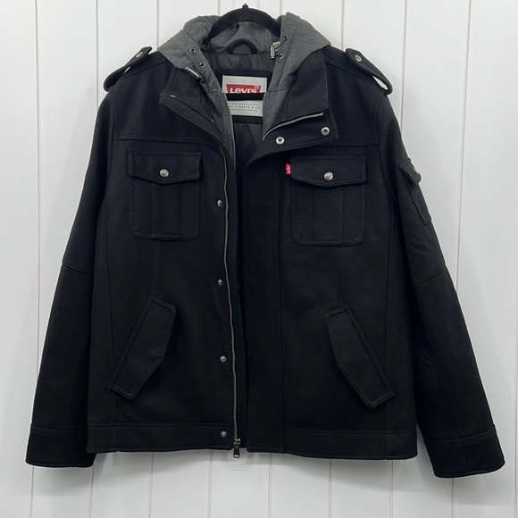 Levi’s Wool Double Zip Hooded Coat Black Gray Quilted W/Pockets Cinch Hood Large - Picture 14 of 14